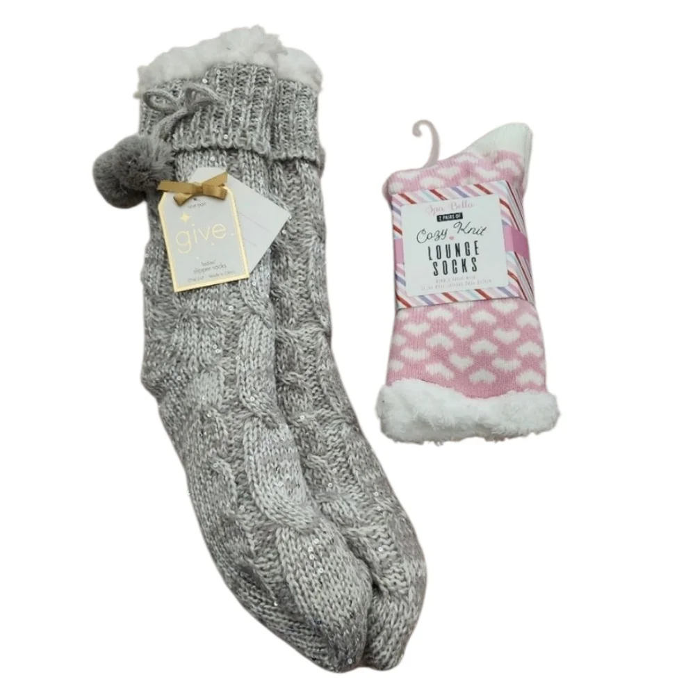 2 Pairs Of Cozy Fluffy Socks Sherpa Plush Woven Shea Butter